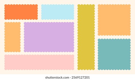 Frames Scalloped Vector Corrugated Bento Grid Shapes Set. Scallop Frame Wavy Retro Stickers Collection. Zig Zag Edge Geometric Borders Tag Boxes. Wiggle Line Design Sign Background. Isolated