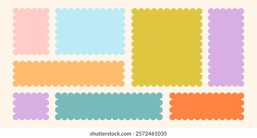 Frames Scalloped Vector Corrugated Bento Grid Shapes Set. Scallop Frame Wavy Retro Stickers Collection. Zig Zag Edge Geometric Borders Tag Boxes. Wiggle Line Design Sign Background. Isolated