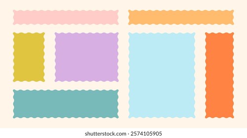 Frames Scalloped Vector Corrugated Bento Grid Shapes Set. Scallop Frame Wavy Retro Stickers Collection. Zig Zag Edge Geometric Borders Tag Boxes. Wiggle Line Design Sign Background. Isolated