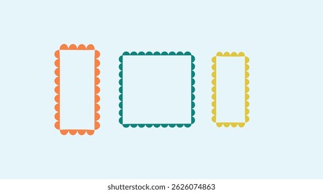 Frames Scalloped Vector Corrugated Bento Grid Shapes Set. Scallop Frame Wavy Retro Stickers Collection. Zig Zag Edge Geometric Borders Tag Boxes