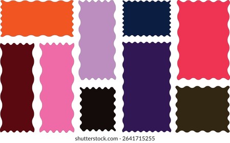 Frames Scalloped Vector Corrugated Bento Grid Shapes Set. Scallop Frame Wavy Retro Stickers Collection. Zig Zag Edge Geometric Borders Tag Boxes. Wiggle Line Design Sign Background. Isolated, EPS 10 