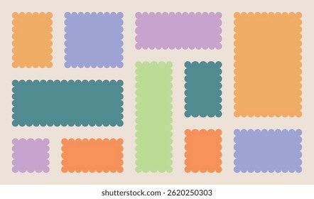 Frames scalloped vector corrugated grid rectangle shapes set. Frame Wavy Retro Stickers set, colorful speech bubble background, sticker pack vector illustratio
