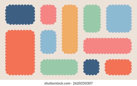 Frames scalloped vector corrugated grid rectangle shapes set. Frame Wavy Retro Stickers set, colorful speech bubble background, sticker pack vector illustratio
