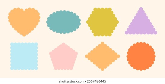 Frames Scalloped Vector Corrugated Shapes Set. Scallop Frame Wavy Retro Stickers Collection. Zig Zag Edge Geometric Borders Tag Boxes. Wiggle Line Design Sign Backgrounds. Isolated