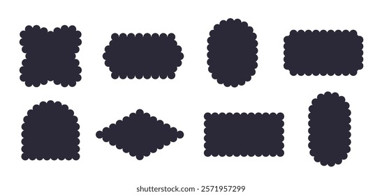 Frames Scalloped Vector Corrugated Shapes Set. Scallop Frame Wavy Retro Stickers Collection. Zig Zag Edge Geometric Borders Tag Boxes. Wiggle Line Design Sign Backgrounds. Isolated