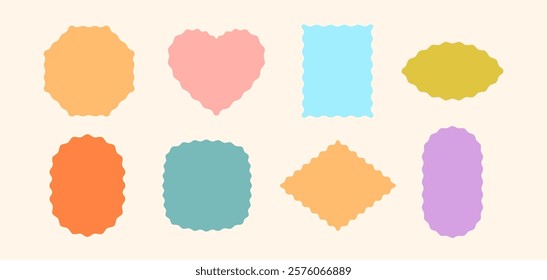 Frames Scalloped Vector Corrugated Shapes Set. Scallop Frame Wavy Retro Stickers Collection. Zig Zag Edge Geometric Borders Tag Boxes. Wiggle Line Design Sign Backgrounds. Isolated