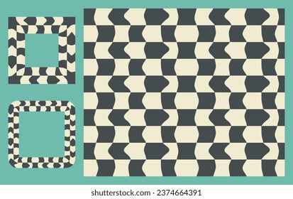 Frames, seamless pattern Set. Checkered distorted abstract seamless pattern swatch. Decorative wavy geometrical grid. Black white vintage colours palette. Graphical ornamental vector illustration