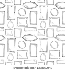 Frames seamless sketch pattern. Black hand drawn picture frames and mirrors without background. Wallpaper pattern, doodle of frames. Vector backdrop.