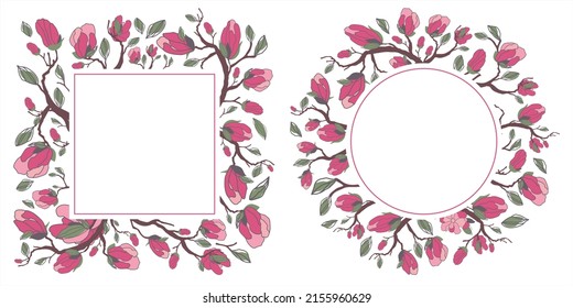 Frames set with apple flowers ornament. Square and round frames with floral borders.