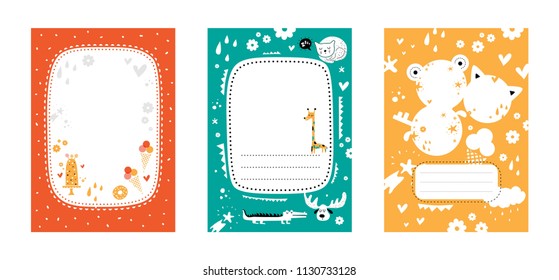 Frames set for baby's photo album, invitation, note book or postcard with cute animals in cartoon style and elements. Cute frame, border. Vector illustration