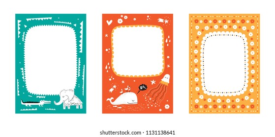 Frames set for baby's photo album, invitation, note book, postcard with cute animals in cartoon style and elements. Jellyfish, crocodile, whale, stars, clouds, hearts. Cute frame, border