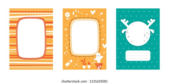 Frames set for baby's photo album, invitation, notepad or postcard with cute animals in cartoon style and elements. Kids design elements. Cute frame, border. Vector illustration