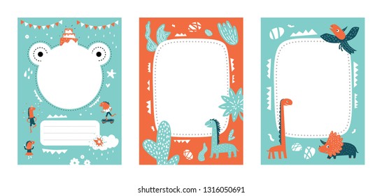 Frames set for baby's photo album, invitation, note book or postcard with cute dinosaurs in cartoon style and garland, trees, clouds, tropical leaves . Cute frame, border. Vector illustration
