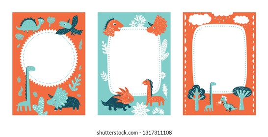 Frames set for baby's photo album, invitation, note book or postcard with cute dinosaurs in cartoon style and garland, trees, clouds, tropical leaves . Cute frame, border. Vector illustration