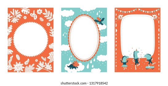 Frames set for baby's photo album, invitation, note book or postcard with cute dinosaurs in cartoon style and garland, trees, clouds, tropical leaves . Cute frame, border. Vector illustration