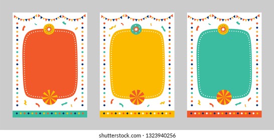 Frames set for baby's photo album, invitation, note book or postcard with cute elements in cartoon style and garland, balls. Cute frame, border. Vector illustration