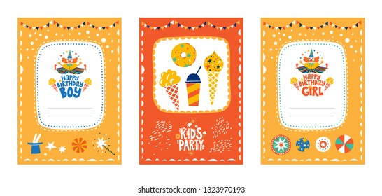 Frames set for baby's photo album, invitation, note book or postcard with cute clown in cartoon style and sweets, ice cream. Happy Birthday girl and boy text. Cute frame, border. Vector illustration