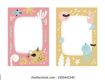 Frames set for baby's photo album, invitation, note book, postcard with cute sea animals in cartoon style and elements. Jellyfish, fish, shell, underwater background. Cute frame, border