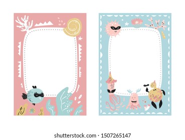 Frames set for baby's photo album, invitation, note book, postcard with cute sea animals in cartoon style and elements. Jellyfish, fish, shell, underwater background. Cute frame, border