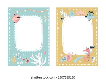 Frames set for baby's photo album, invitation, note book, postcard with cute sea animals in cartoon style and elements. Jellyfish, fish, shell, underwater background. Cute frame, border