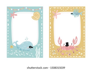 Frames set for baby's photo album, invitation, note book, postcard with cute sea animals in cartoon style and elements. Jellyfish, fish, shell, underwater background. Cute frame, border