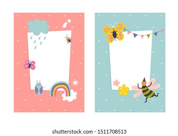 Frames set for baby's photo album, invitation, note book, postcard with cute beetles animals in cartoon style and elements. Butterfly, ladybug, rainbow. Cute frame, border