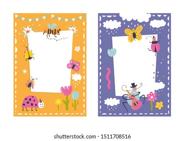 Frames set for baby's photo album, invitation, note book, postcard with cute beetles animals in cartoon style and elements. Butterfly, ladybug, rainbow. Cute frame, border