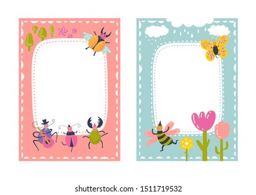 Frames set for baby's photo album, invitation, note book, postcard with cute beetles animals in cartoon style and elements. Butterfly, ladybug, rainbow, flowers. Cute frame, border