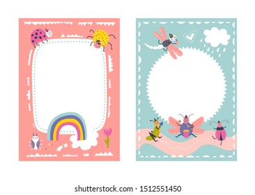 Frames set for baby's photo album, invitation, note book, postcard with cute beetles animals in cartoon style and elements. Butterfly, ladybug, rainbow, flowers. Cute frame, border