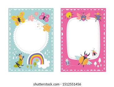 Frames set for baby's photo album, invitation, note book, postcard with cute beetles animals in cartoon style and elements. Butterfly, ladybug, rainbow, flowers. Cute frame, border