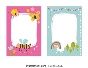 Frames set for baby's photo album, invitation, note book, postcard with cute beetles animals in cartoon style and elements. Butterfly, ladybug, rainbow, flowers. Cute frame, border