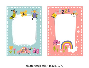 Frames set for baby's photo album, invitation, note book, postcard with cute beetles animals in cartoon style and elements. Butterfly, ladybug, rainbow, flowers. Cute frame, border