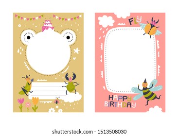 Frames set for baby's photo album, invitation, note book, postcard with cute beetles animals in cartoon style and elements. Butterfly, ladybug, rainbow, flowers. Cute frame, border