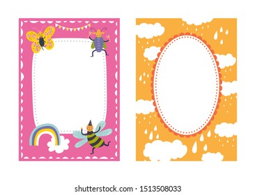 Frames set for baby's photo album, invitation, note book, postcard with cute beetles animals in cartoon style and elements. Butterfly, ladybug, rainbow, flowers. Cute frame, border