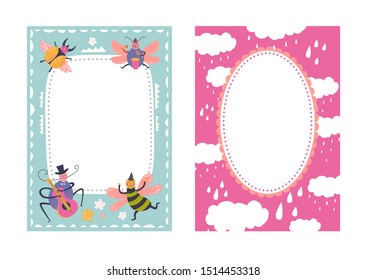 Frames set for baby's photo album, invitation, note book, postcard with cute beetles animals in cartoon style and elements. Butterfly, clouds, flowers. Cute frame, border