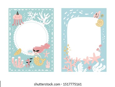 Frames set for baby's photo album, invitation, note book, postcard with cute sea animals and mermaids in cartoon style and elements. Starfish, octopus, shell, underwater background. Cute frame, border