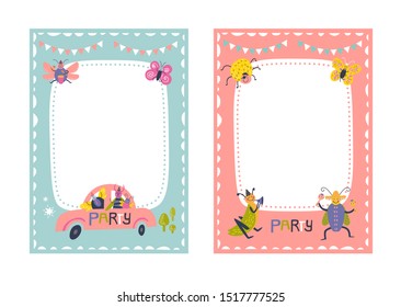 Frames set for baby's photo album, invitation, note book, postcard with cute beetles animals in cartoon style and elements. Butterfly, ladybug, rainbow, flowers. Cute frame, border