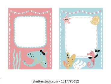 Frames set for baby's photo album, invitation, note book, postcard with cute sea animals in cartoon style and elements. Fish, shell, underwater background. Cute frame, border