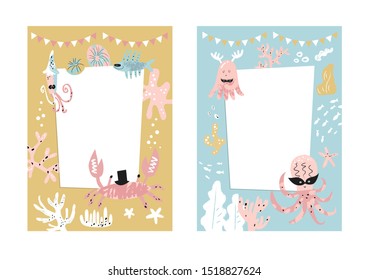 Frames set for baby's photo album, invitation, note book, postcard with cute sea animals in cartoon style and elements. Jellyfish, fish, shell, underwater background. Cute frame, border