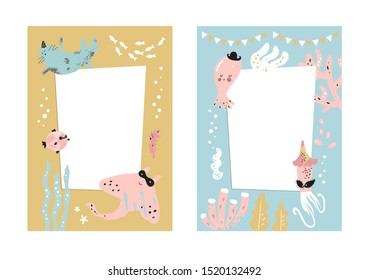 Frames set for baby's photo album, invitation, note book, postcard with cute sea animals in cartoon style and elements. Jellyfish, fish, shell, underwater background. Cute frame, border
