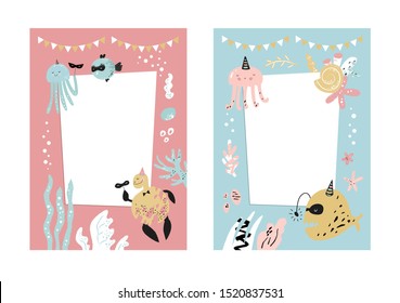 Frames set for baby's photo album, invitation, note book, postcard with cute sea animals in cartoon style and elements. Jellyfish, fish, shell, underwater background. Cute frame, border