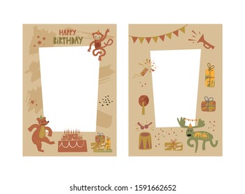 Frames set for baby's photo album, invitation, note book or postcard with cute animals in cartoon style. Happy birthday text. Cute frame, border. Vector illustration