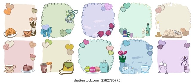 Frames set, bubbles and notes with elegant elements. Hand drawn, vector, isolated. Harts, champagne, cup, coffee, letters, glasses. Fun and interesting