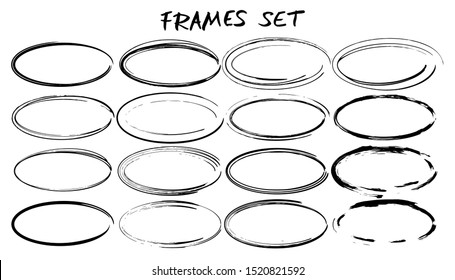 Frames set. Collection of black oval borders. Bundle of ellipse shapes elements for collage. Vector illustration.