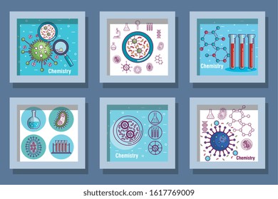 Frames set design, Chemistry science laboratory research technology biology equipment and test theme Vector illustration