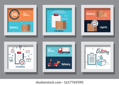 Frames set design, Delivery logistics transportation shipping service warehouse industry and global theme Vector illustration