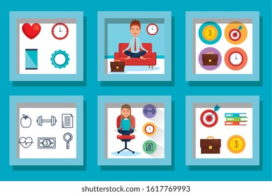 Frames set design, healthy lifestyle fitness gym bodybuilding bodycare fit activity exercise and workout theme Vector illustration