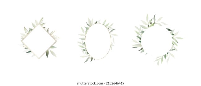 The frames set with elegant olive green leaves for Summer Season greeting postcard. Floral tropical plants, green leaf branches, golden silhouette outline elements. Festive vacation holidays frames