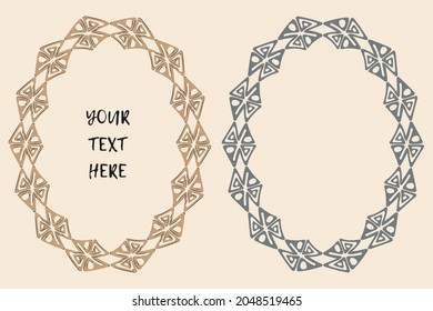 Frames set, ellipse geometric shape. Ethnic cartoon design, hand drawn decorative border, beige grey color palette. Cream pink background. Vector