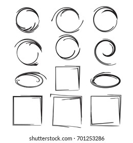 Frames set made by hand in vector. Sketch elements for your design. Logo creator shapes. Isolated on the background and easy to use.  